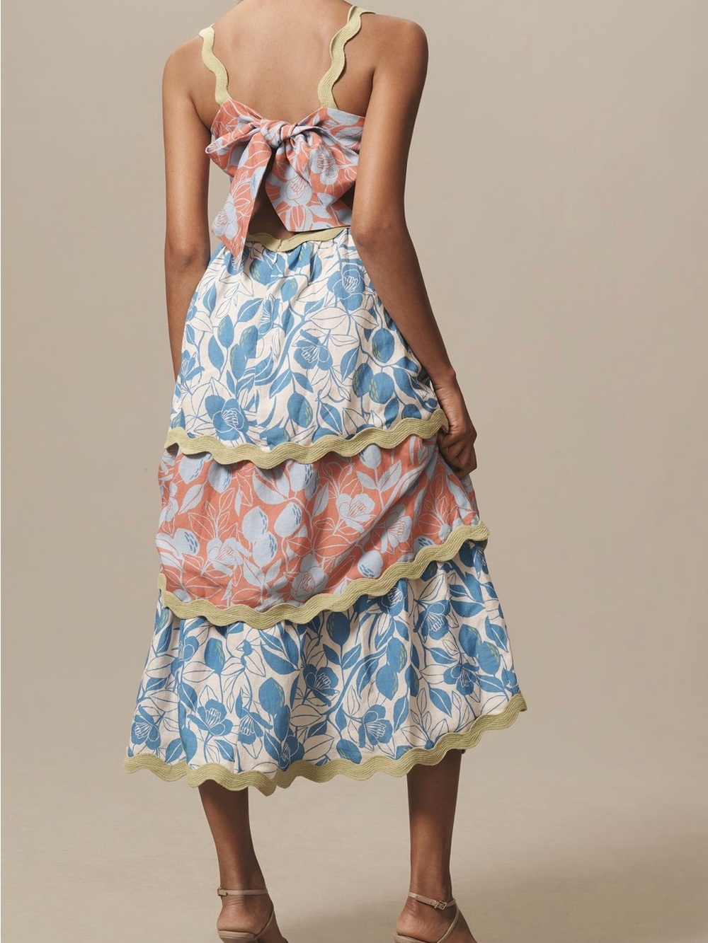 FARM Rio for Anthropologie - blue Coral & White Tiered Floral Midi Dress - Picture 2 of 5